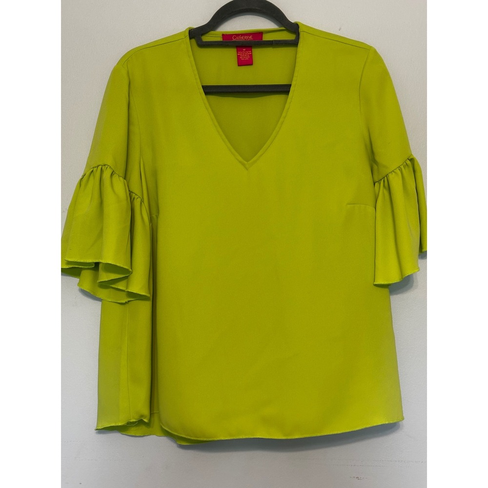 Catherine Catherine Malandrino Lime Green V-Neck Ruffle Bell Sleeve Blouse M